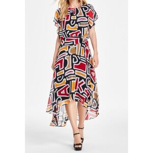 Karl Lagerfeld Paris Womens Dress Printed Flutter Sleeve Black Red Yellow Sze 12